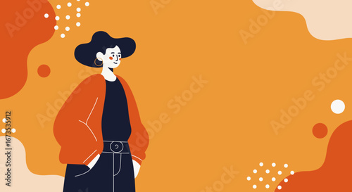 A modern, confident woman in a stylish hat and orange jacket against an abstract background. Ideal for fashion, lifestyle, and creative business concepts.