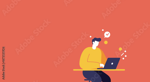 A person focused on work or online learning with a laptop, symbolizing productivity, successful task completion, and digital communication on a minimalist background.