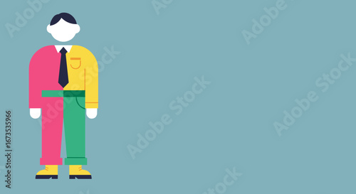 Stylized illustration of a person with split colored attire, representing duality, choice, or different aspects of personality. Ideal for business, lifestyle, or conceptual designs.