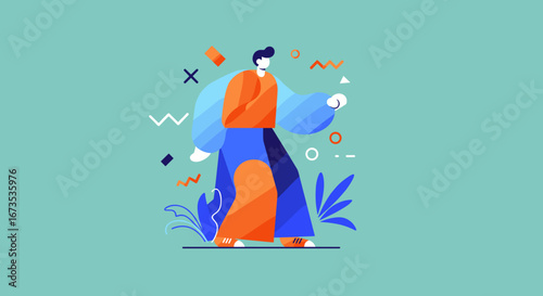 Modern flat illustration of a vibrant man walking forward amidst abstract shapes, symbolizing progress, digital innovation, or a contemporary journey.