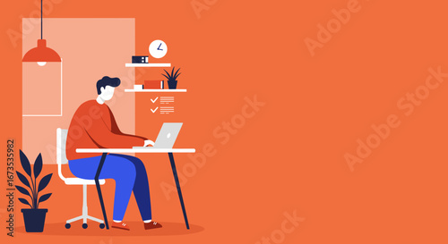 Man working on a laptop in a modern home office. Represents productivity, remote work, digital learning, and a focused lifestyle. Ideal for business and technology themes.