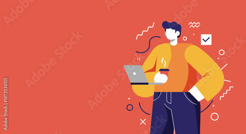 Vibrant illustration of a modern man working on a laptop and enjoying coffee, perfect for remote work, digital business, and lifestyle themes.