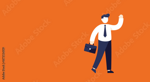 Confident businessman in a suit with a briefcase raises his arm, symbolizing success, greeting, or forward momentum in business and career development.