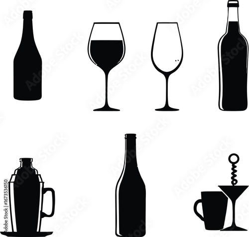 Vector illustration of wine and cocktail glasses bottles for bar and restaurant design elements set