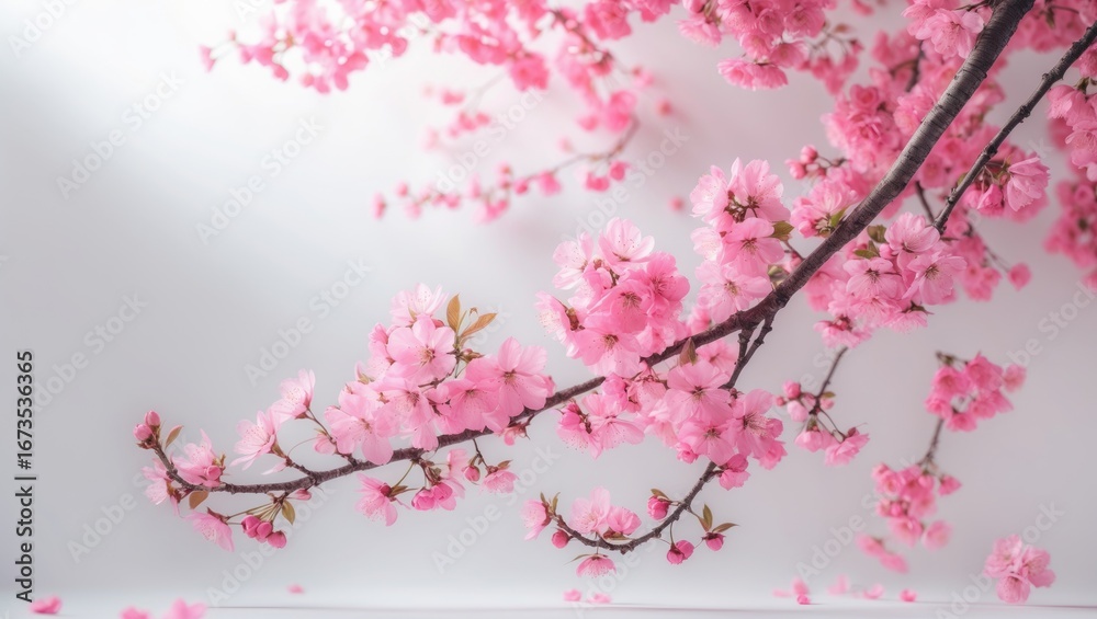 Obraz premium Pink cherry blossom branch with flowers on a soft background. Springtime floral scene. Nature and beauty. The image of blossoms and branches.