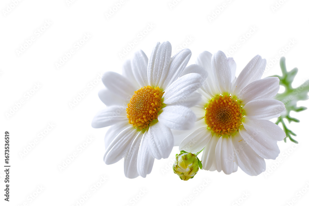Obraz premium Pair of white daisies with yellow centers on a black background.