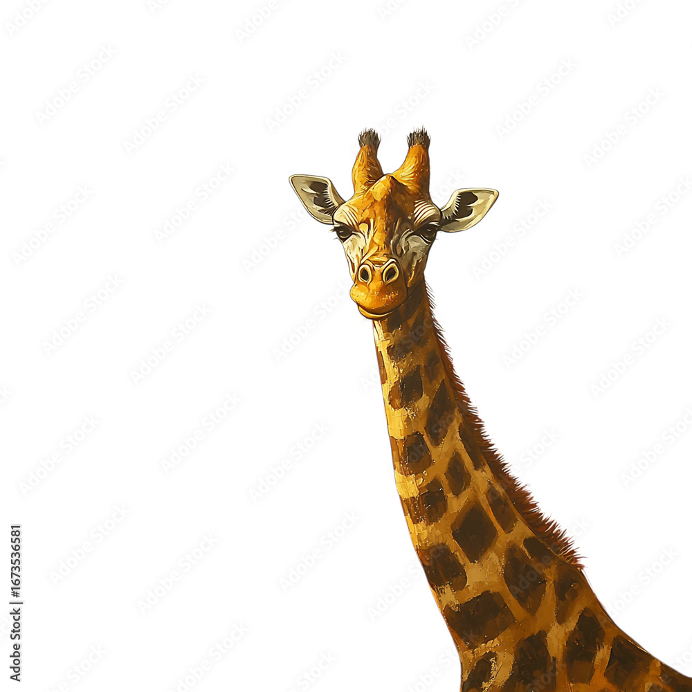Obraz premium Illustration of captivating giraffe portrait, isolated on white background, showcasing its unique facial features and gentle expression, embodying the beauty of african wildlife in a closeup view