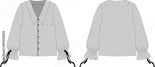 Technical illustration of women's blouse with ties on sleeves. Formal wear. Flat sketch, front and back views. Vector illustration, template. CAD layout.
