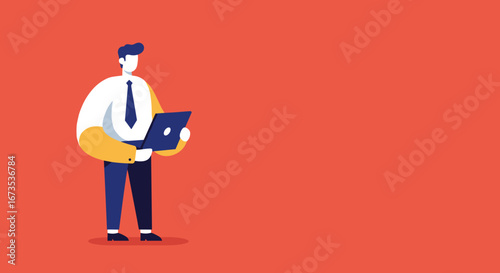 Illustration of a businessman holding a laptop, symbolizing digital work, online solutions, and corporate efficiency on a bold, spacious background.