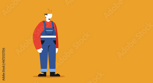 Professional construction worker in a hard hat and overalls stands ready for work. Ideal for illustrating labor, safety, industry, and building concepts.