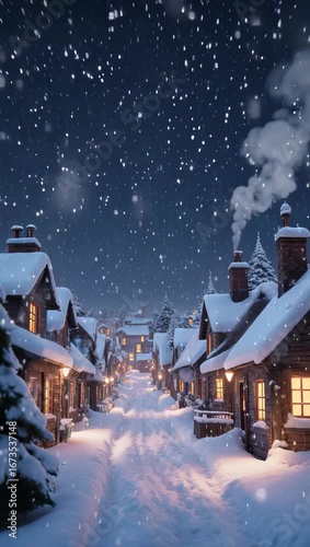 Picturesque winter village at night with falling snow, warmly lit houses, smoking chimneys, and snow-covered rooftops, creating a serene and festive holiday atmosphere.