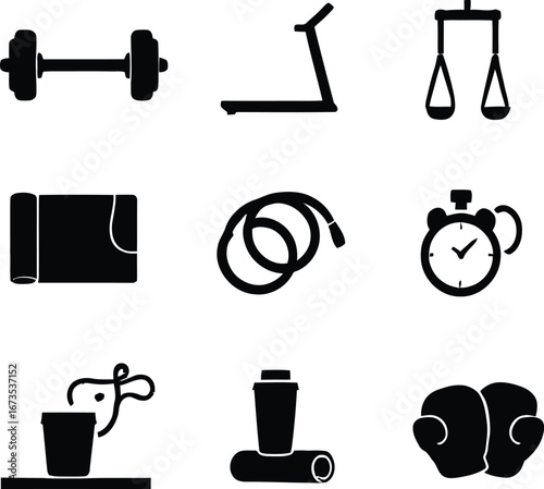 Gym equipment vector illustration: dumbbell, treadmill, scale, mat, rope and more for fitness needs