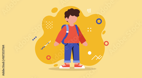 Young student with a backpack on a vibrant yellow background. Ideal for themes of education, learning, childhood, and back to school.