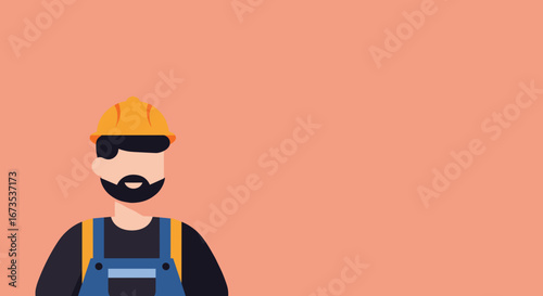 Illustration of a construction worker in a hard hat and overalls, representing industry, manual labor, and professional services with ample copy space.