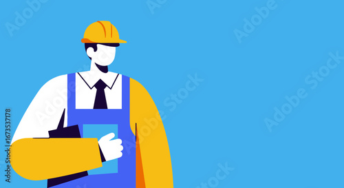 A professional worker in a hard hat and overalls, holding a clipboard, standing against a blue background. Ideal for construction, engineering, or industrial concepts.