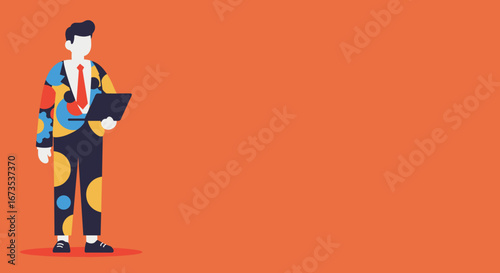 Modern business professional in a vibrant, patterned suit holds a laptop, symbolizing innovation, technology, and strategic thinking in a dynamic work environment.