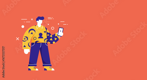 Engaging flat illustration of an individual interacting with a smartphone, representing digital communication, social media, and modern technology. Ideal for various digital and lifestyle projects.
