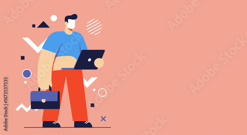 Professional man in flat illustration style holding a laptop and briefcase, representing digital work, modern business, and productivity. Ideal for tech, corporate, or lifestyle themes.