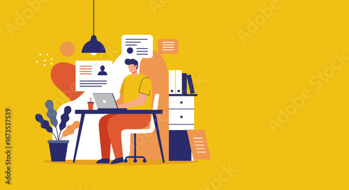 Professional man working remotely on his laptop in a modern home office setting. Ideal for themes of productivity, online business, and digital communication.