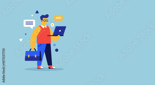 Man with laptop and briefcase actively communicating online. Ideal for business, technology, education, and digital communication concepts, showcasing remote work or modern connectivity.