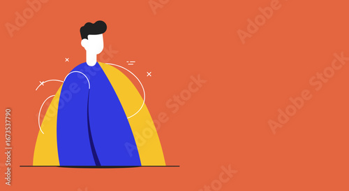 Modern, minimalist illustration of a person in blue and yellow against an orange background. Ideal for web, business, or lifestyle content, representing individuality and clean design.