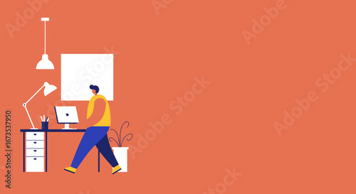 Modern illustration of a person working or taking a break in a minimalist home office with a computer. Represents remote work, productivity, and contemporary digital lifestyle.