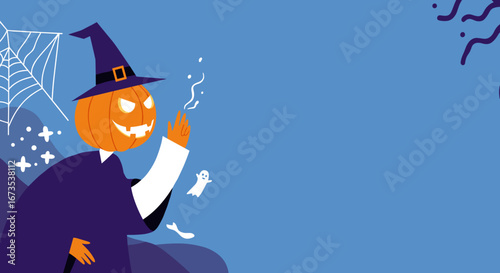 Spooky jack-o'-lantern witch casting spells with ghosts and spiderweb on a blue background. Perfect for Halloween invitations, decorations, or seasonal promotions.