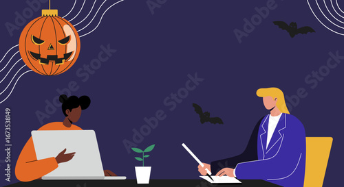 Colleagues work diligently in a Halloween-themed office, with a jack-o'-lantern and bats. Illustrates seasonal business, creative tasks, and festive productivity.