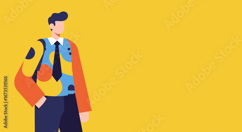 Professional man in a colorful, modern shirt and tie on a bright yellow backdrop. Represents business, innovation, individuality, and contemporary corporate style.