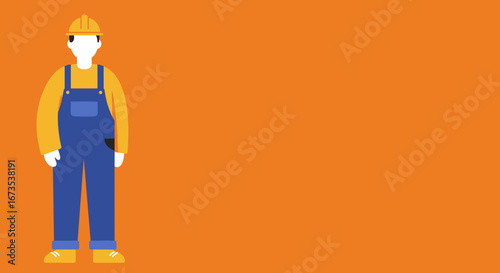A flat design illustration of a worker in a hard hat and blue overalls on a vibrant orange background. Represents construction, labor, and safety concepts for business or industry.