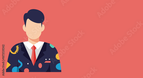 Stylish flat design illustration of a professional in a vibrant, patterned suit and red tie, representing creativity and modern individuality in business.