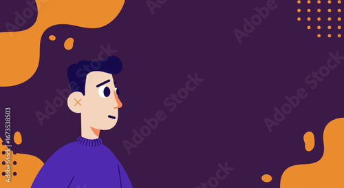 Thoughtful young man in a modern illustration, with an 'X' on his ear, facing decisions or communication issues. Generous copy space for text.
