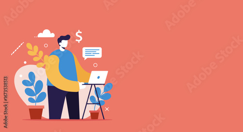 Man working on a laptop, representing remote work, online business, or freelance lifestyle. Concepts of productivity and earning.
