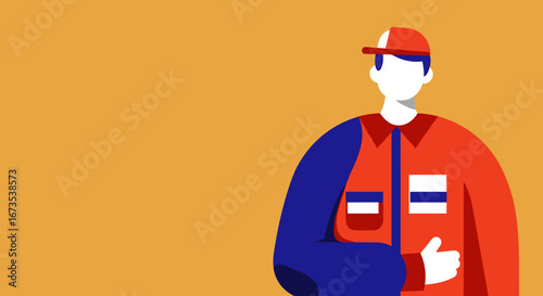 Stylized illustration of a service worker in uniform giving a thumbs-up, symbolizing excellent service, customer satisfaction, and positive feedback in business or delivery concepts.