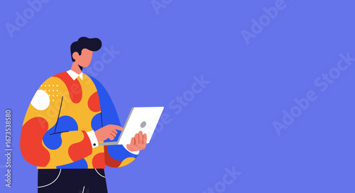 Modern man in vibrant attire uses laptop, symbolizing remote work, digital communication, and online productivity on a clean blue background.
