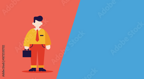 Professional businessman character holding a briefcase against a contrasting split background, ideal for concepts of career choices, new opportunities, or business decisions.