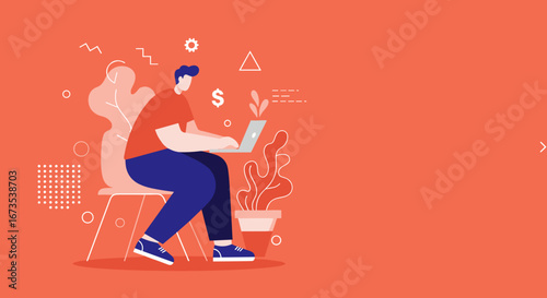 Young man working remotely on his laptop in a modern, minimalist setting, representing digital productivity, online business, and flexible lifestyle.
