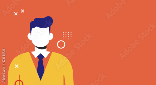 Professional flat design illustration of a man in business attire on an orange background with copy space. Ideal for business, identity, or user profile concepts.