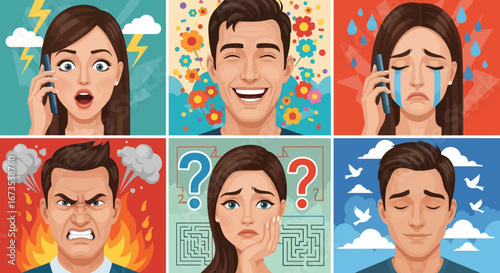 Diverse Human Emotions and Feelings Illustrated: A Comprehensive Collection of Facial Expressions and Psychological