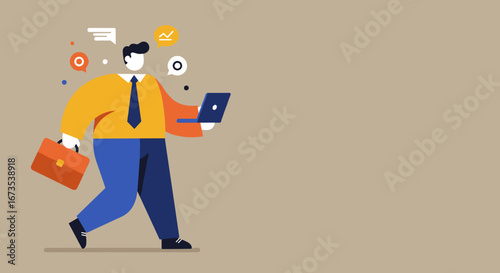 Professional businessman walking with briefcase and laptop, surrounded by communication and data icons, representing productivity, work, and digital tasks.