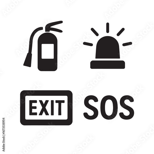 Emergency safety vector icons set with fire extinguisher police light exit SOS