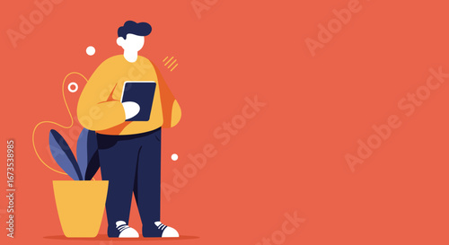 A modern illustrated person holding a digital tablet, engaged in work or learning against a vibrant orange background. Ideal for technology, business, or lifestyle concepts.