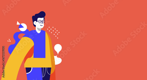 Professional flat illustration of a confident man in glasses with abstract graphics. Ideal for showcasing business communication, data analysis, or innovative ideas.