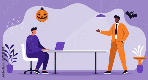 Diverse business professionals meet in a creative office space with Halloween decor, fostering collaboration and festive work environment.