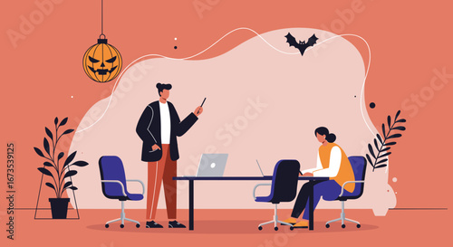 Business colleagues in an office meeting, celebrating Halloween with festive decorations. A presenter uses a pointer while a coworker works on a laptop. Perfect for seasonal business themes.