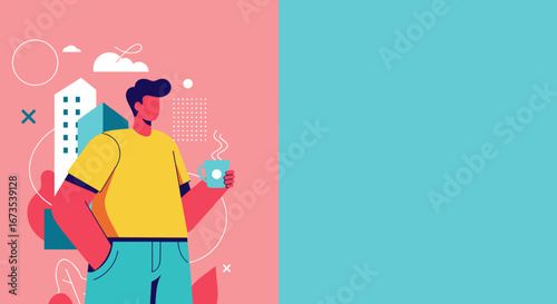Modern man enjoys a coffee break amidst abstract urban elements, symbolizing daily routine or a relaxed city lifestyle, with ample copy space.