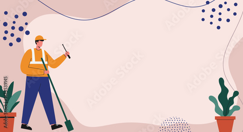 Professional male cleaner maintaining a spotless environment with tools. Ideal for commercial cleaning services, workplace hygiene, or facility management concepts.