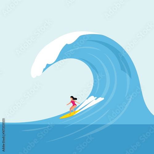 A woman in a pink swimsuit is surfing on a yellow board, riding a large blue wave.