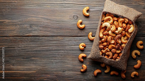 Roasted cashews in a burlap sack on a wooden surface.