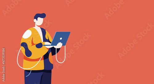 Young person in modern flat illustration style working on a laptop, symbolizing digital connectivity, remote work, and contemporary productivity. Ideal for technology and business concepts.